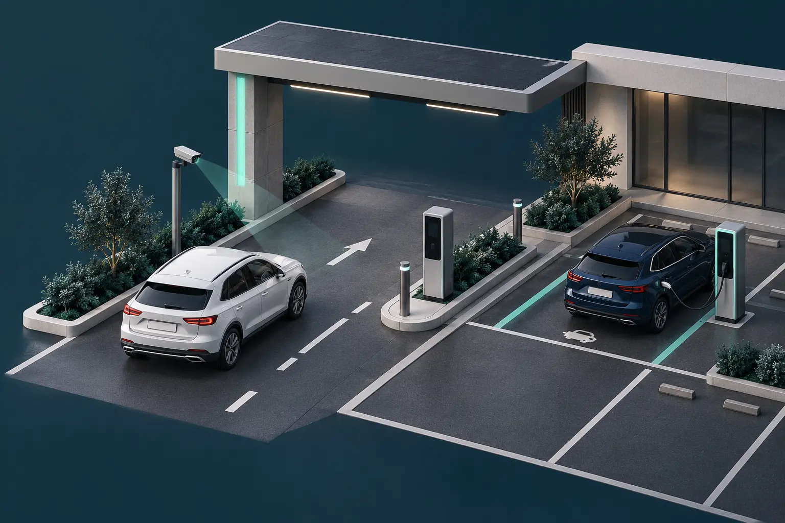 Concept illustration of an ANPR parking entrance with a number-plate camera, payment point and EV charging bay