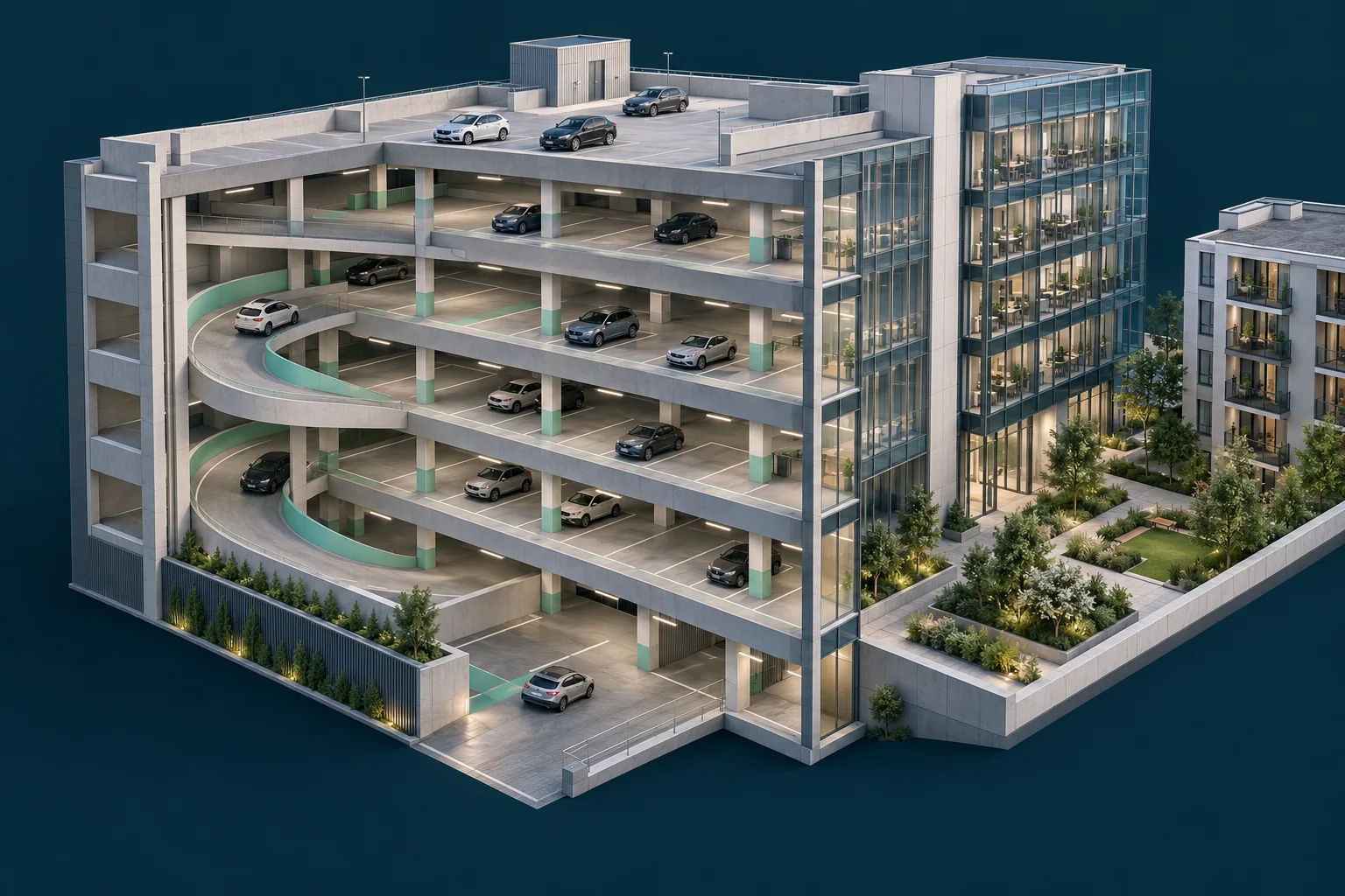 Architectural cutaway illustration of a multi-storey car park adjoining offices and a landscaped residential courtyard