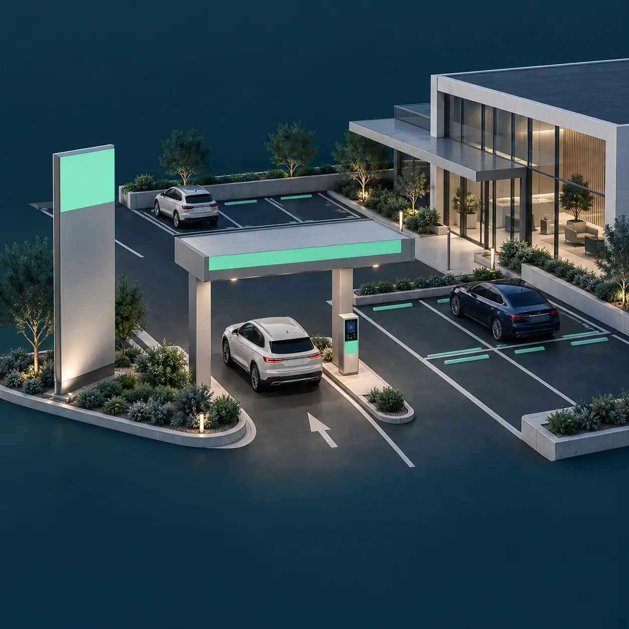 Parking facility illustration with matching mint details on its entrance signage, canopy and payment point