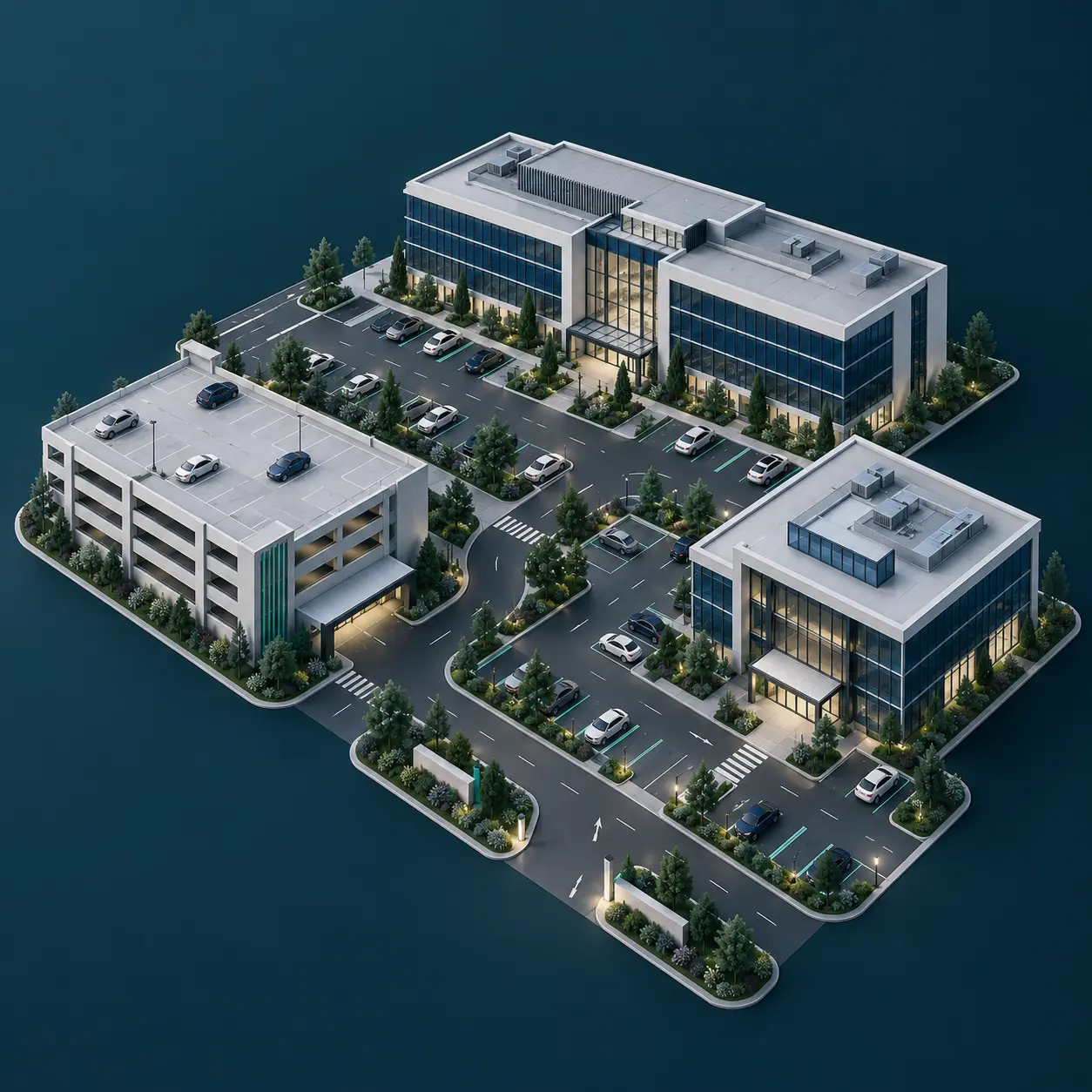 Arkitektonisk illustration af flere erhvervsejendomme med forbundne parkeringsområder og adgangsveje